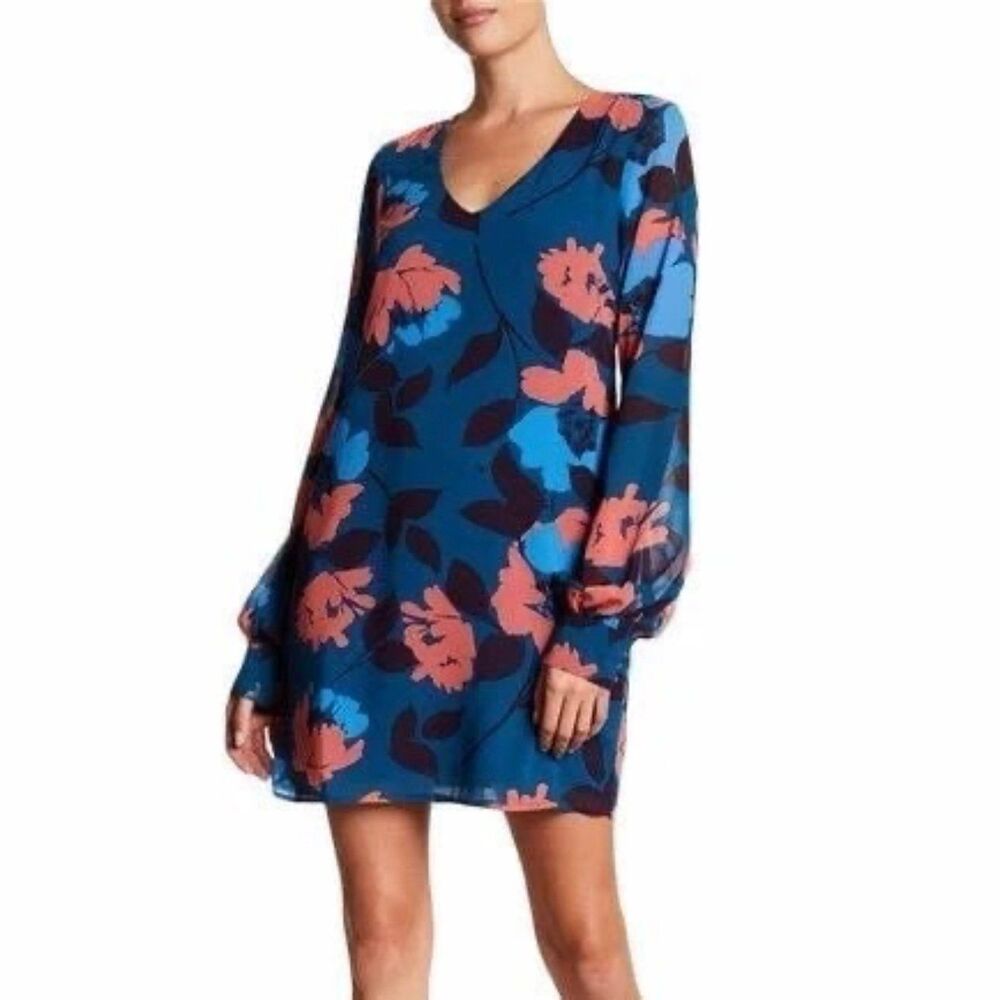 Charles Henry Women's V Neck Floral Long Semi Sheer Bell Sleeves Shift Dress S